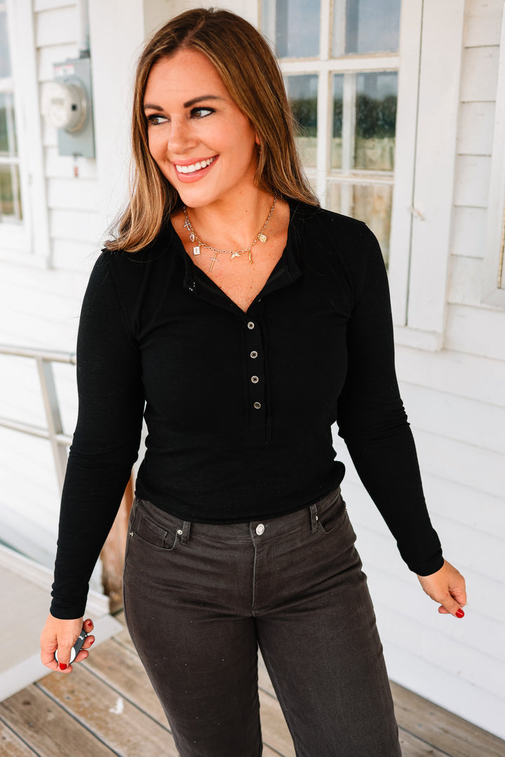 Mara Henley Long Sleeve Top - Black