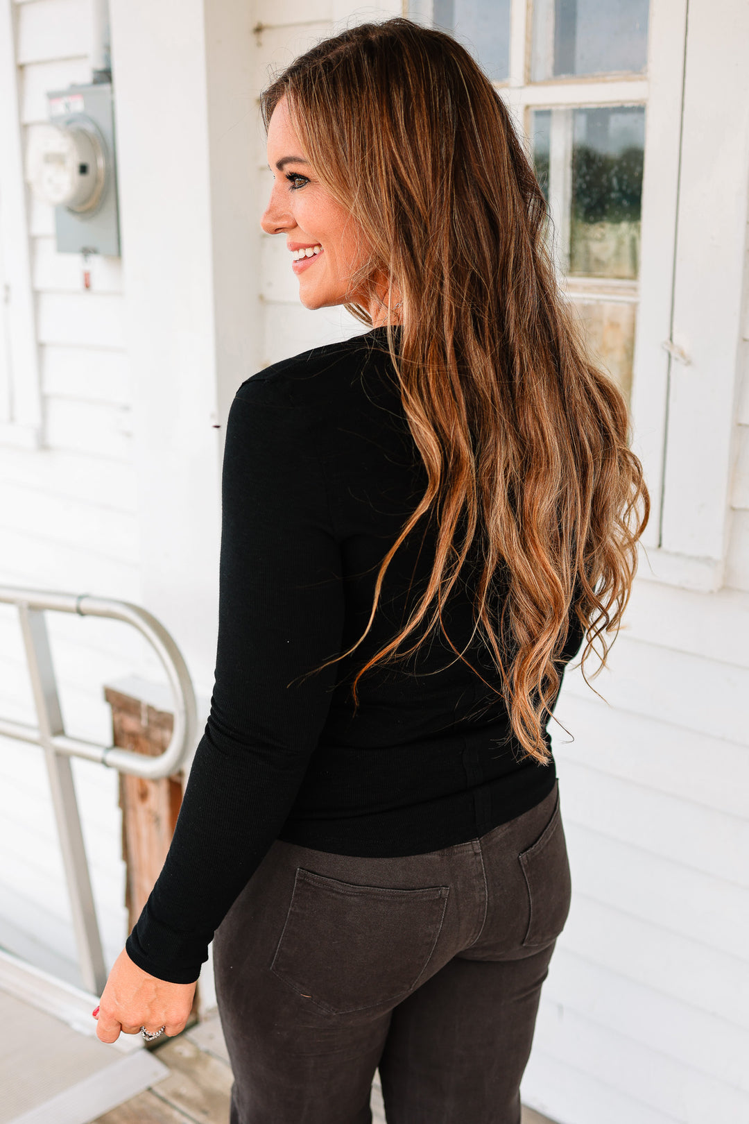 Mara Henley Long Sleeve Top - Black