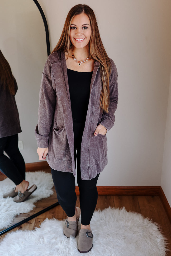 Lauryn Mineral Washed Hoodie Cardigan - Brown