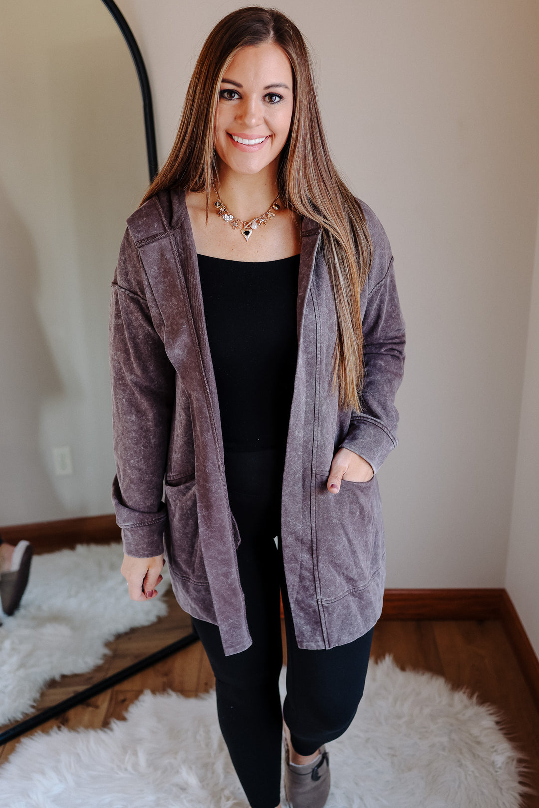 Lauryn Mineral Washed Hoodie Cardigan - Brown