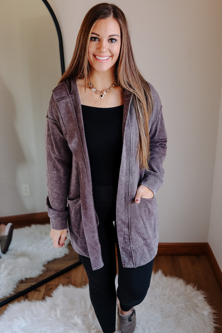Lauryn Mineral Washed Hoodie Cardigan - Brown