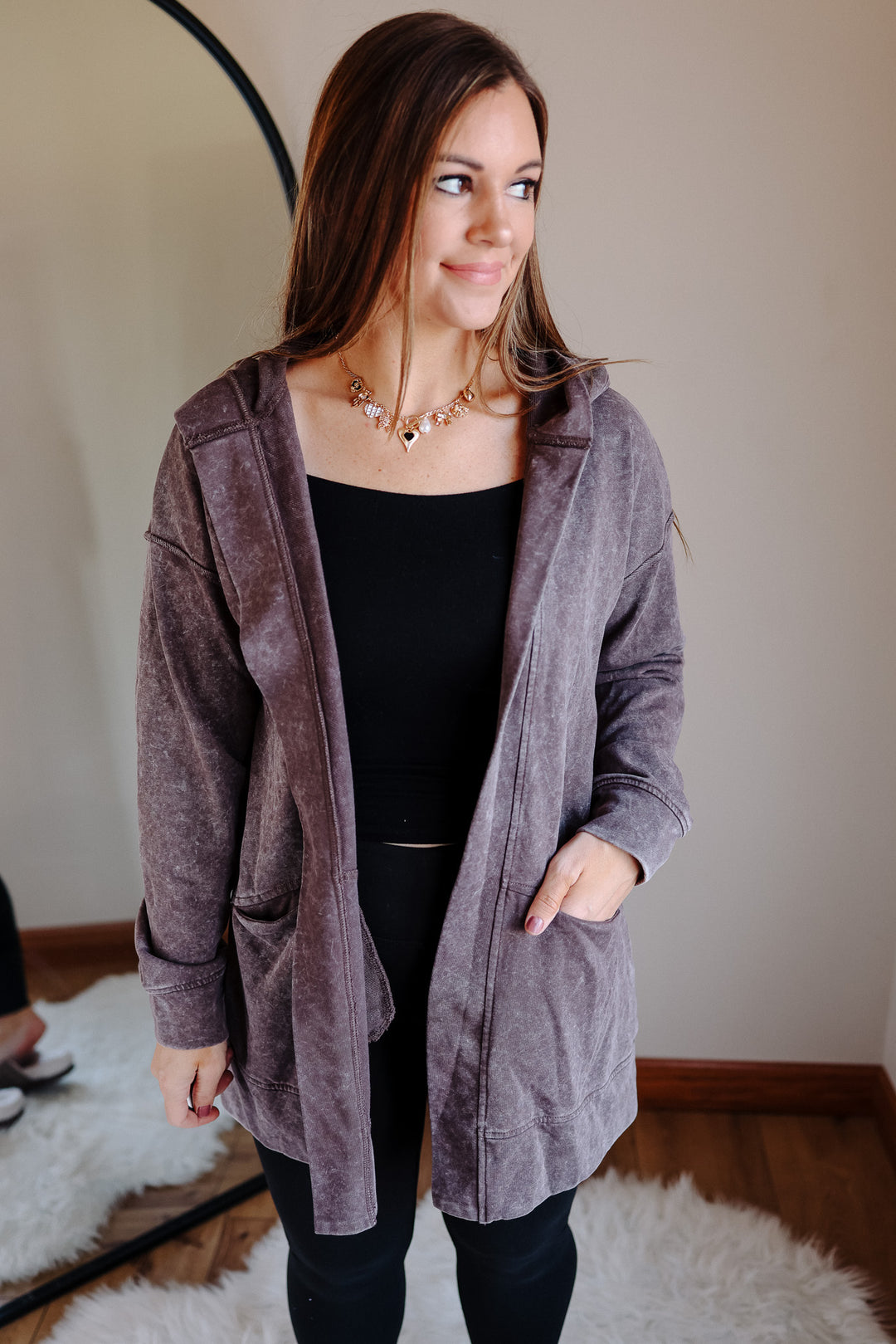 Lauryn Mineral Washed Hoodie Cardigan - Brown