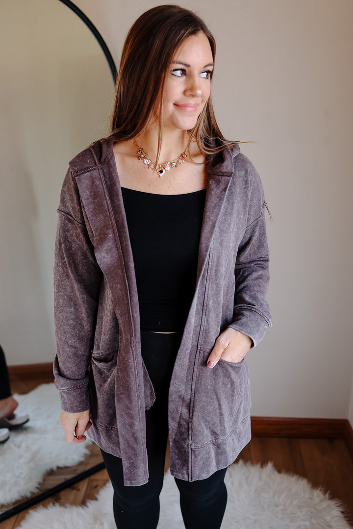 Lauryn Mineral Washed Hoodie Cardigan - Brown