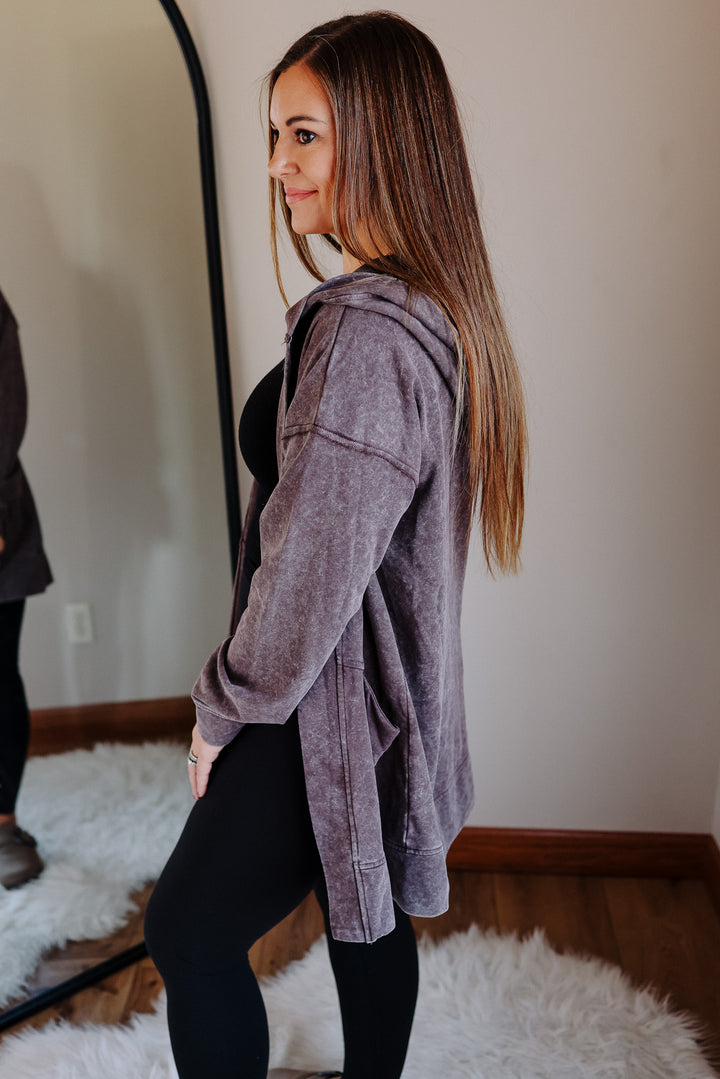 Lauryn Mineral Washed Hoodie Cardigan - Brown