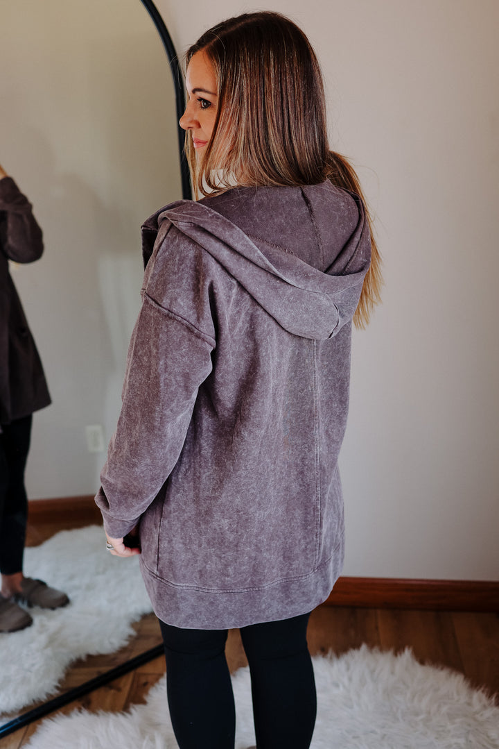 Lauryn Mineral Washed Hoodie Cardigan - Brown