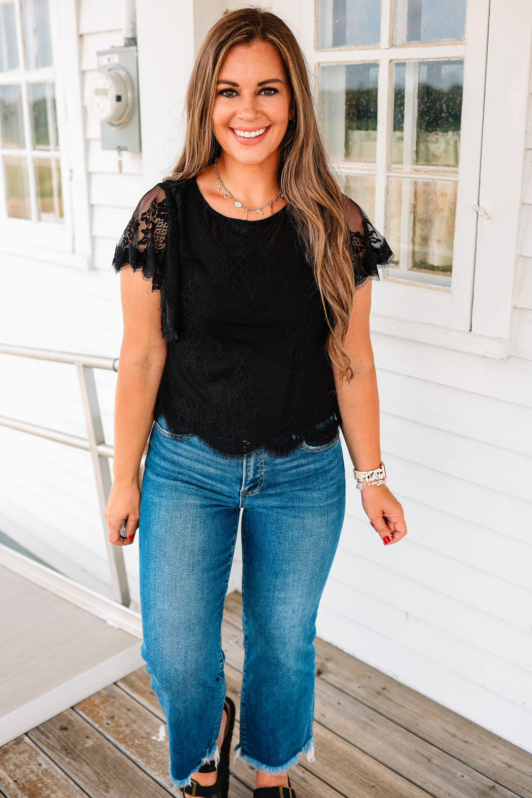 Jocelyn Flutter Sleeve Lace Top - Black