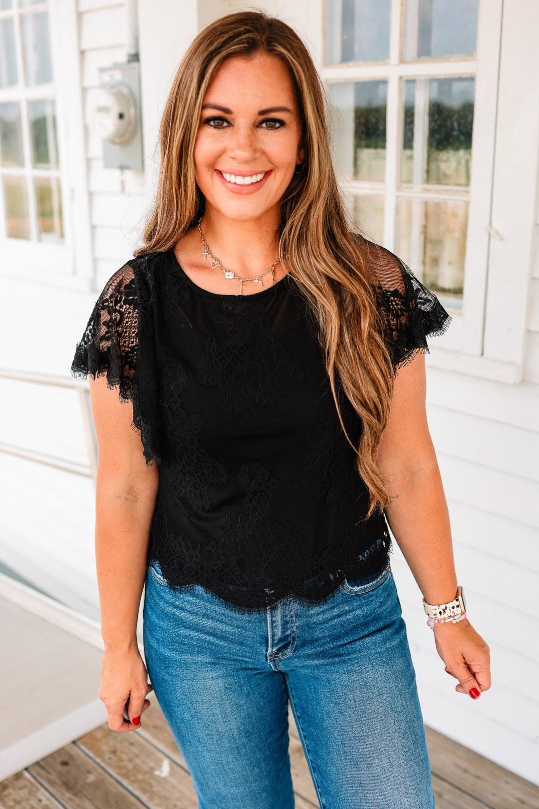 Jocelyn Flutter Sleeve Lace Top - Black