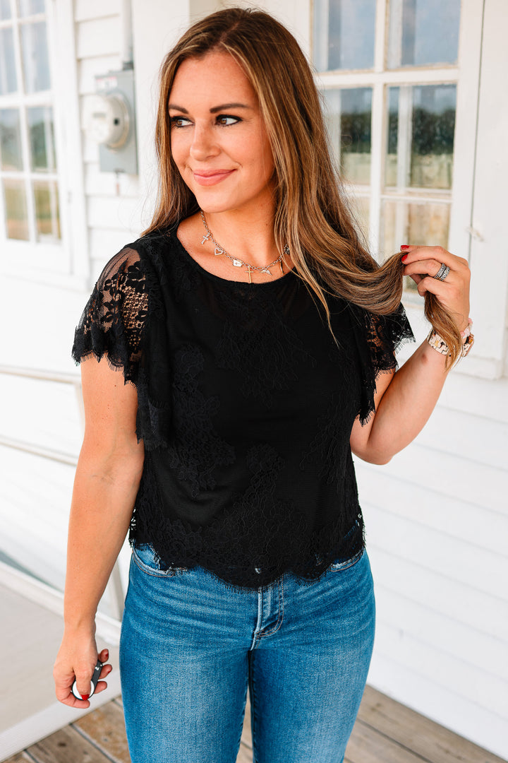 Jocelyn Flutter Sleeve Lace Top - Black