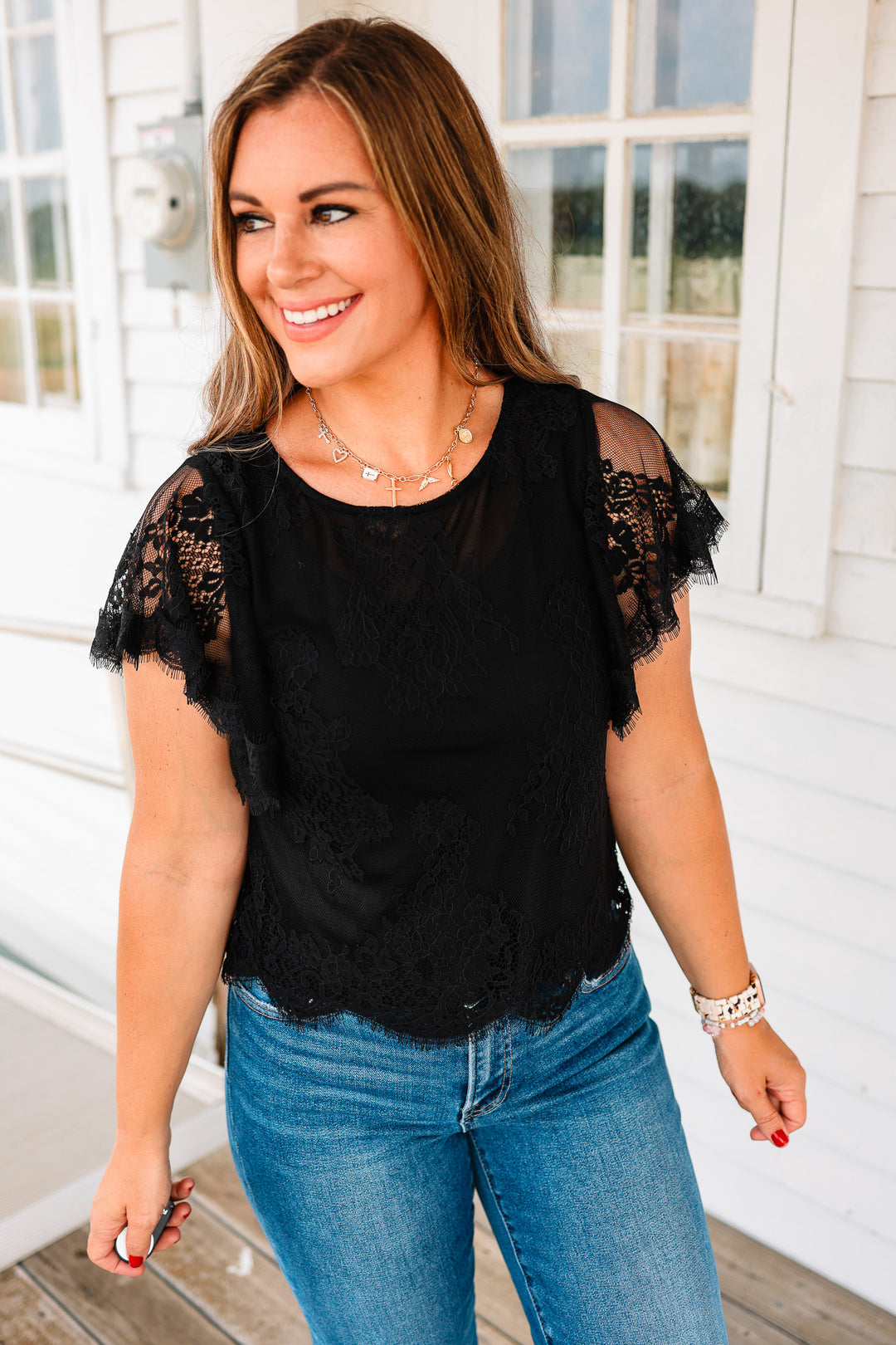 Jocelyn Flutter Sleeve Lace Top - Black