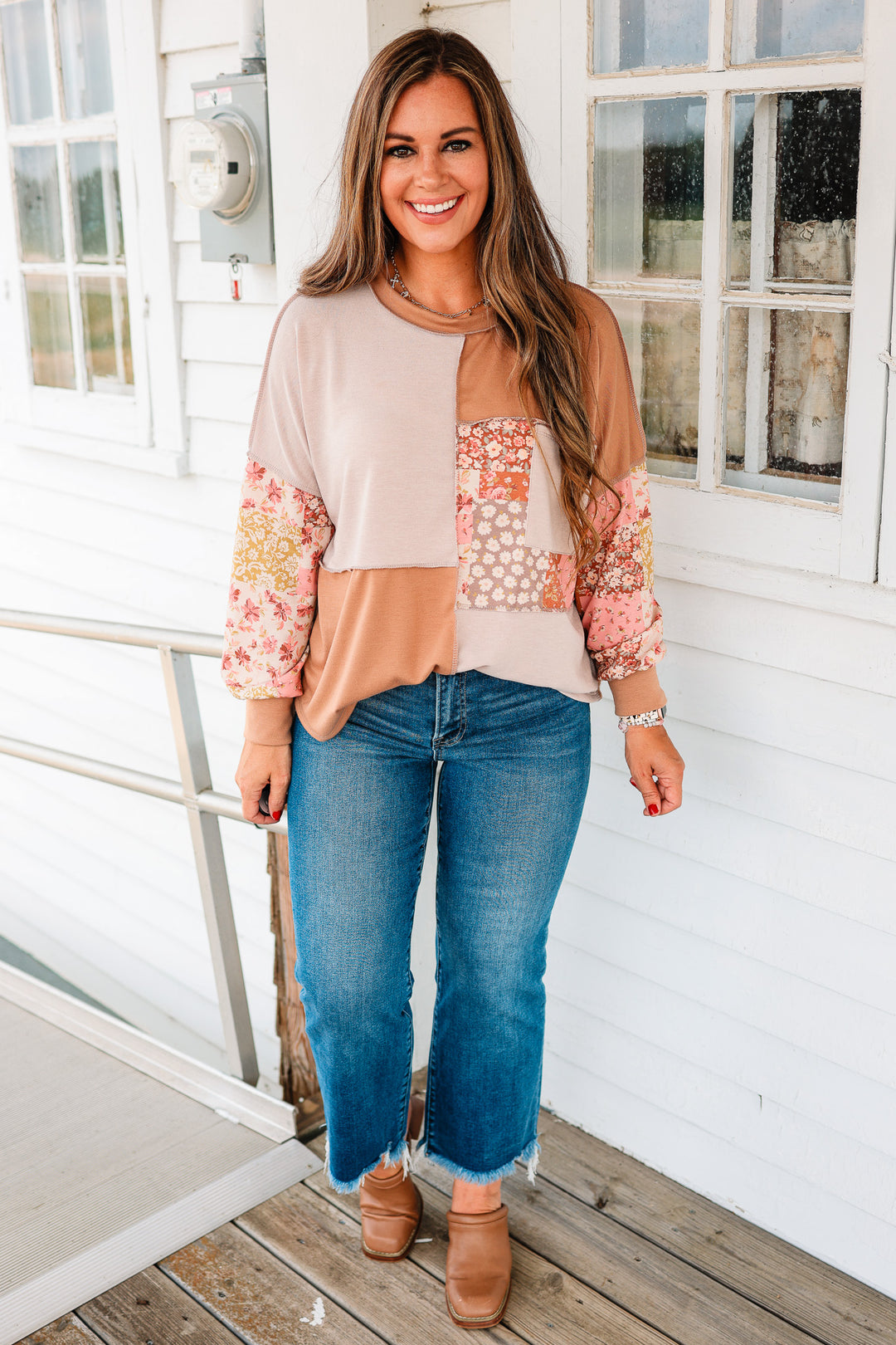 Wren Floral Patchwork Pullover Top - Taupe/Camel