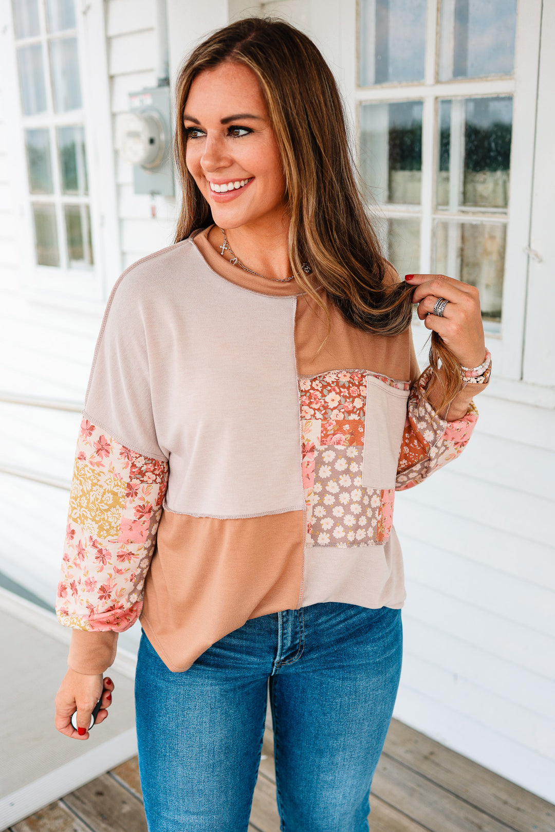 Wren Floral Patchwork Pullover Top - Taupe/Camel