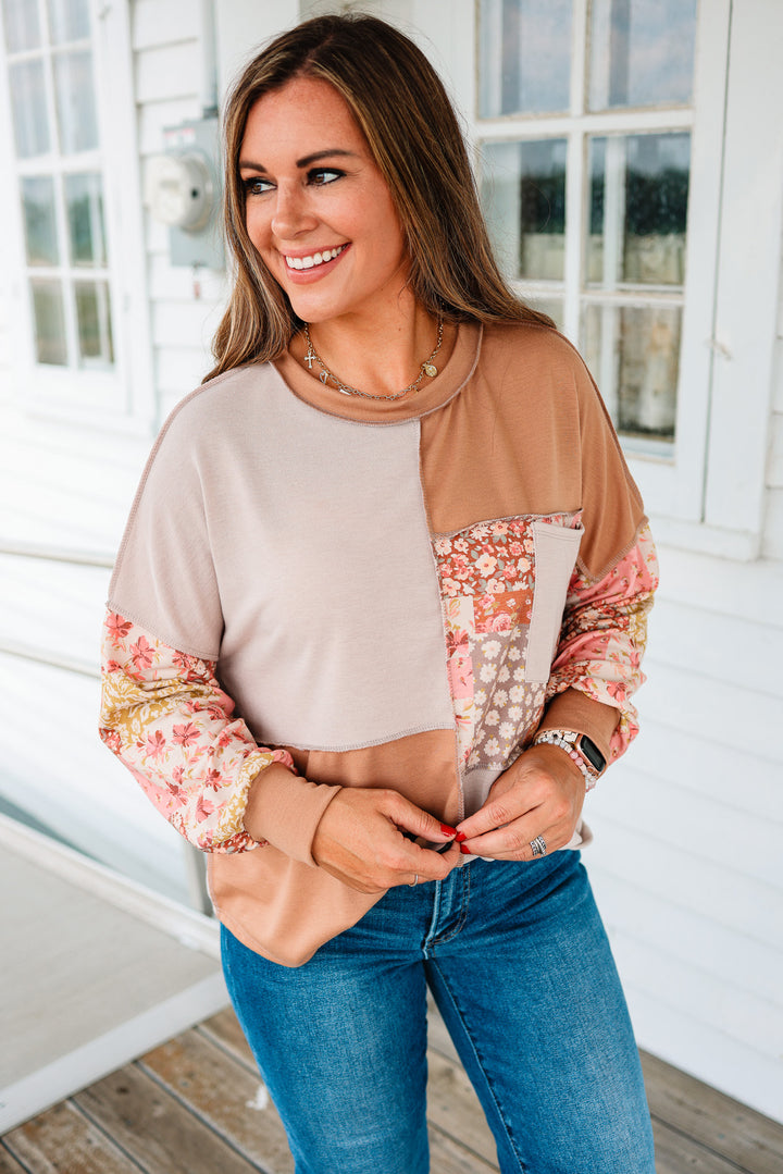 Wren Floral Patchwork Pullover Top - Taupe/Camel