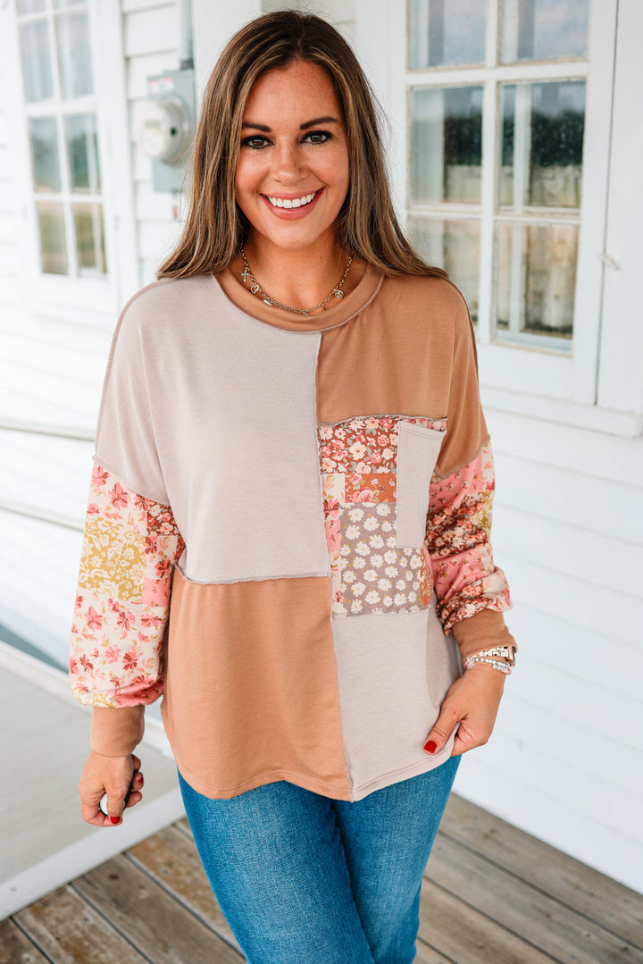 Wren Floral Patchwork Pullover Top - Taupe/Camel