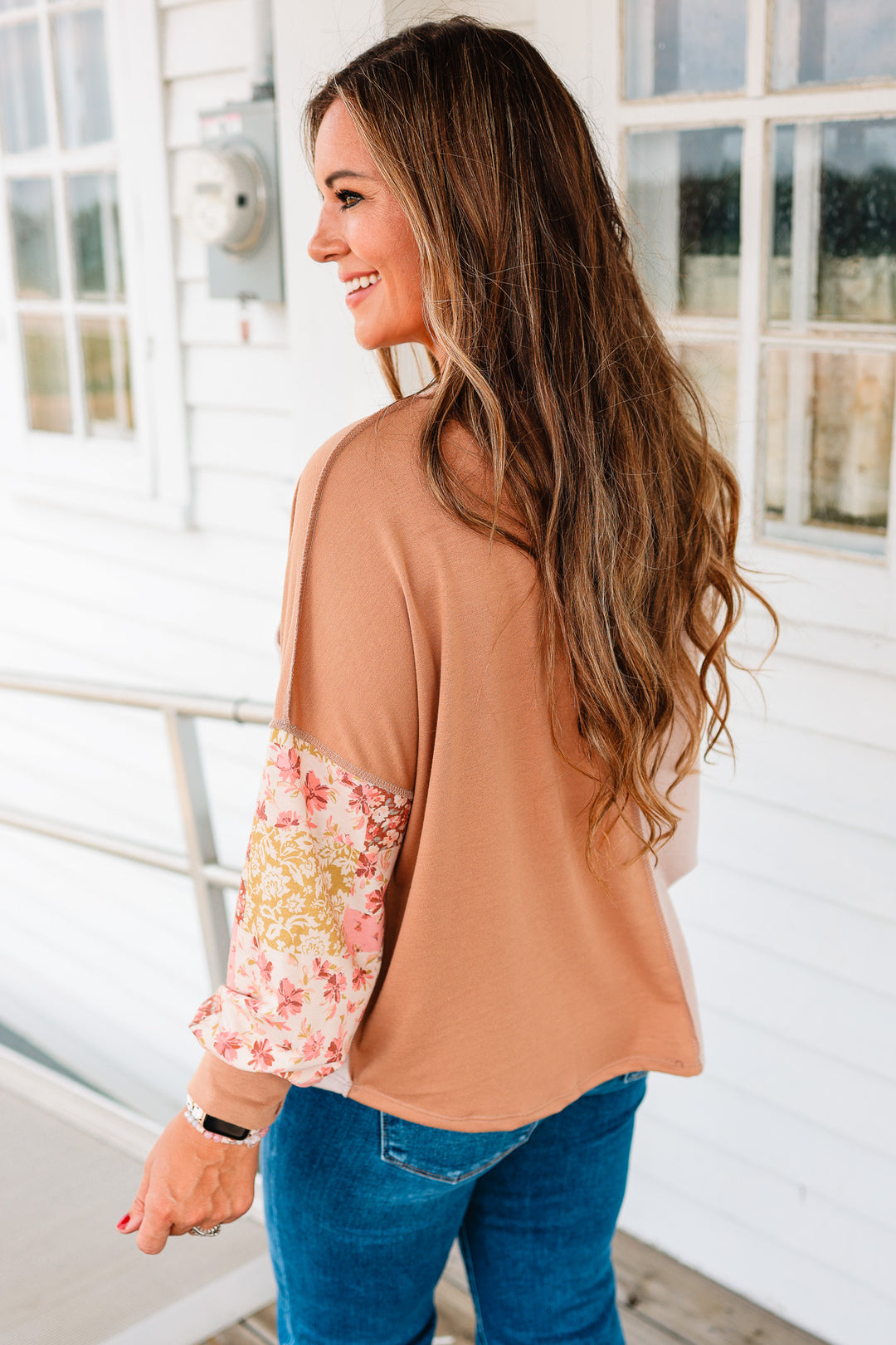 Wren Floral Patchwork Pullover Top - Taupe/Camel