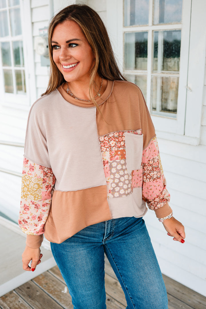 Wren Floral Patchwork Pullover Top - Taupe/Camel