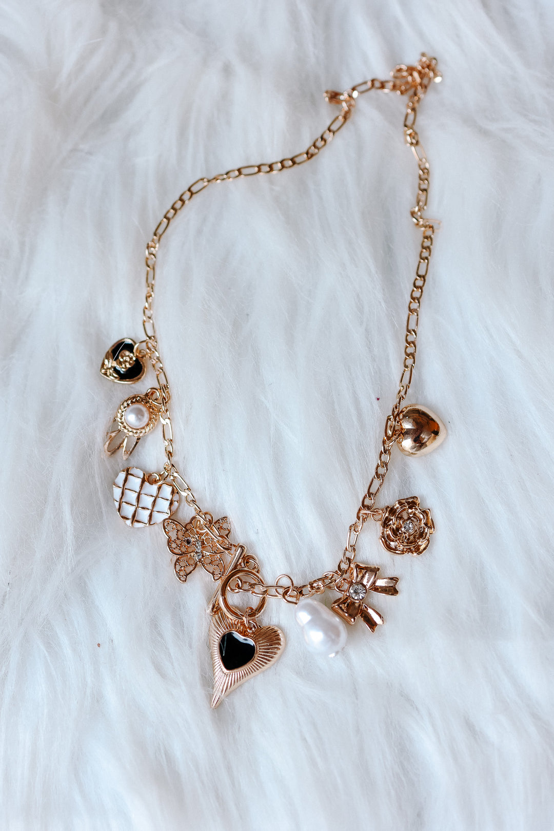 Heart Bow Pearl Flower Charm Necklace