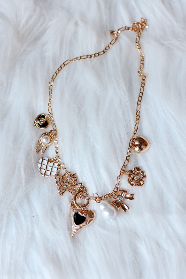 Heart Bow Pearl Flower Charm Necklace