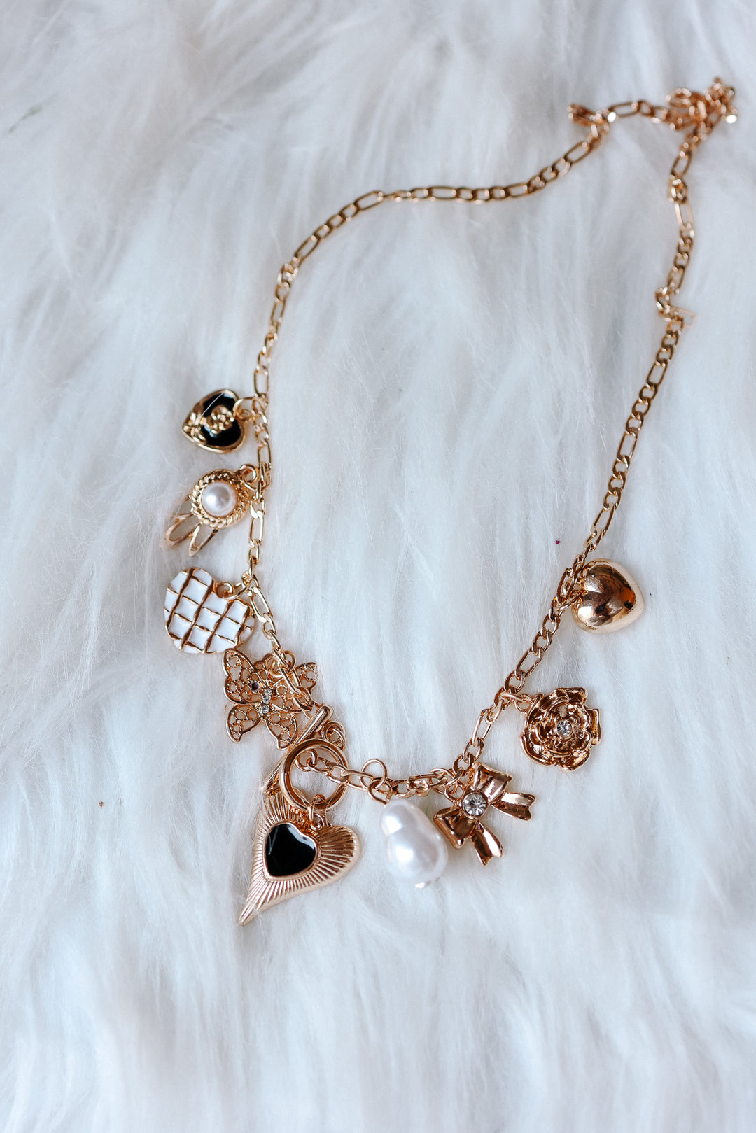 Heart Bow Pearl Flower Charm Necklace