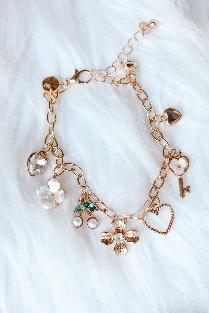 Floral Cherry Heart Bow Key Charm Bracelet