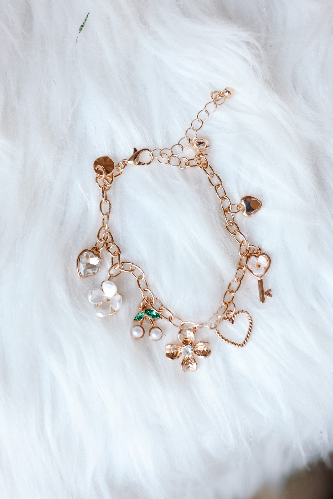 Floral Cherry Heart Bow Key Charm Bracelet