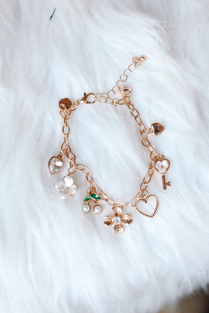 Floral Cherry Heart Bow Key Charm Bracelet
