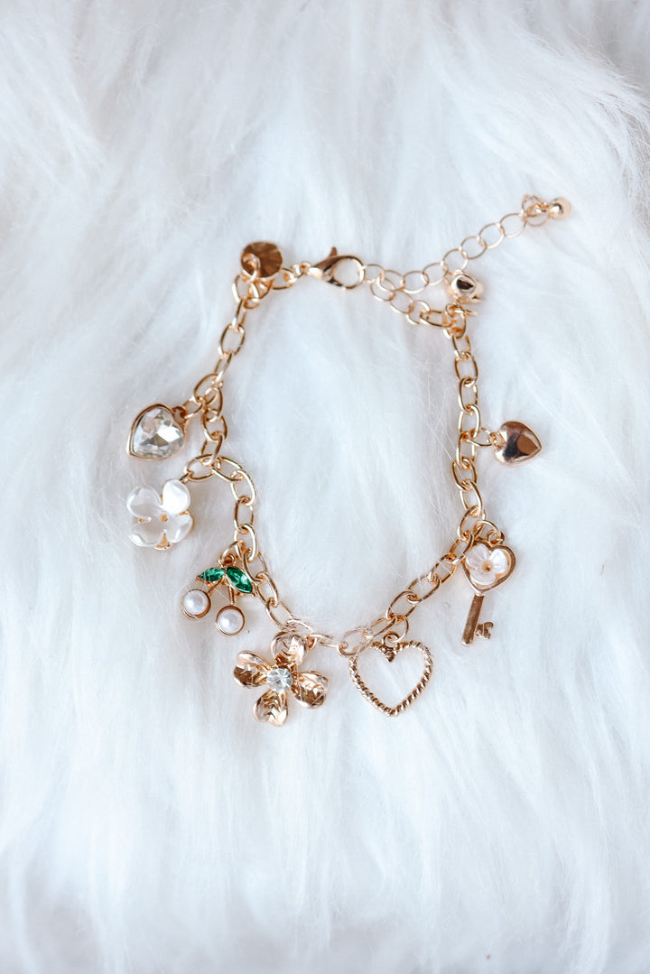 Floral Cherry Heart Bow Key Charm Bracelet