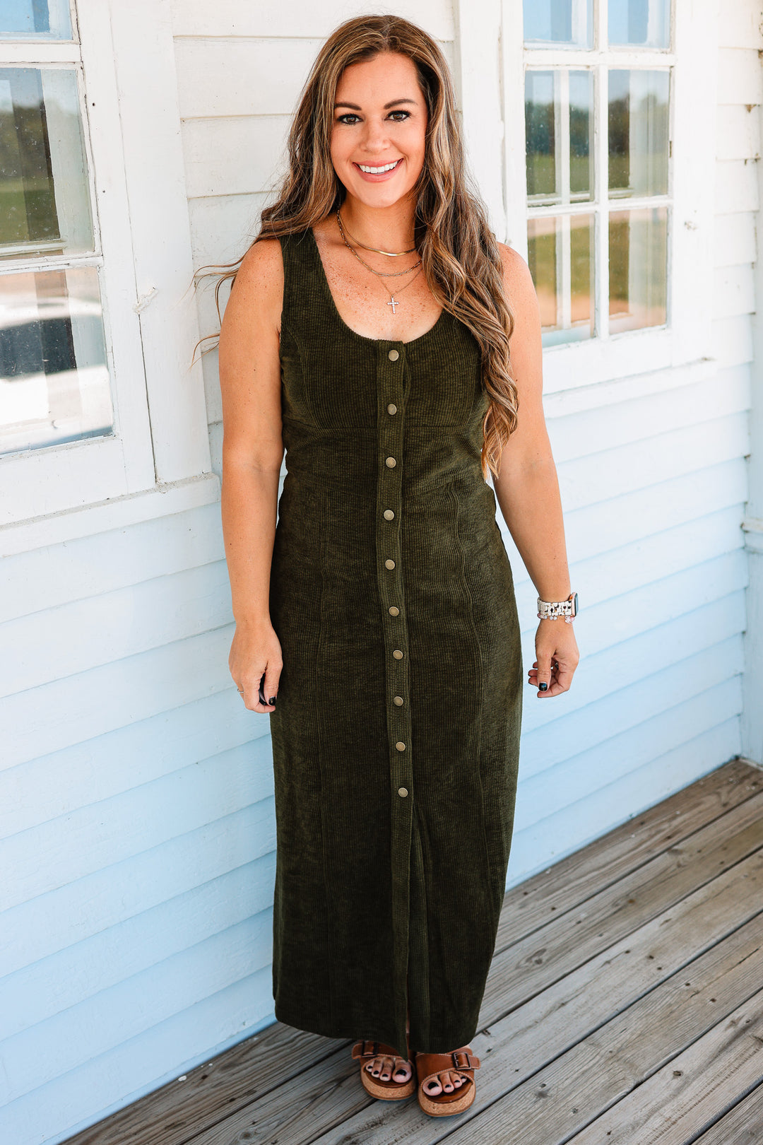 Montana Button Down Corduroy Maxi Dress- Olive