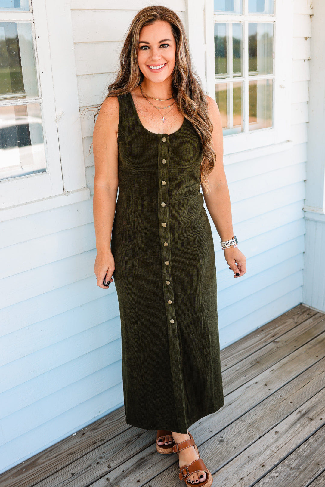 Montana Button Down Corduroy Maxi Dress- Olive