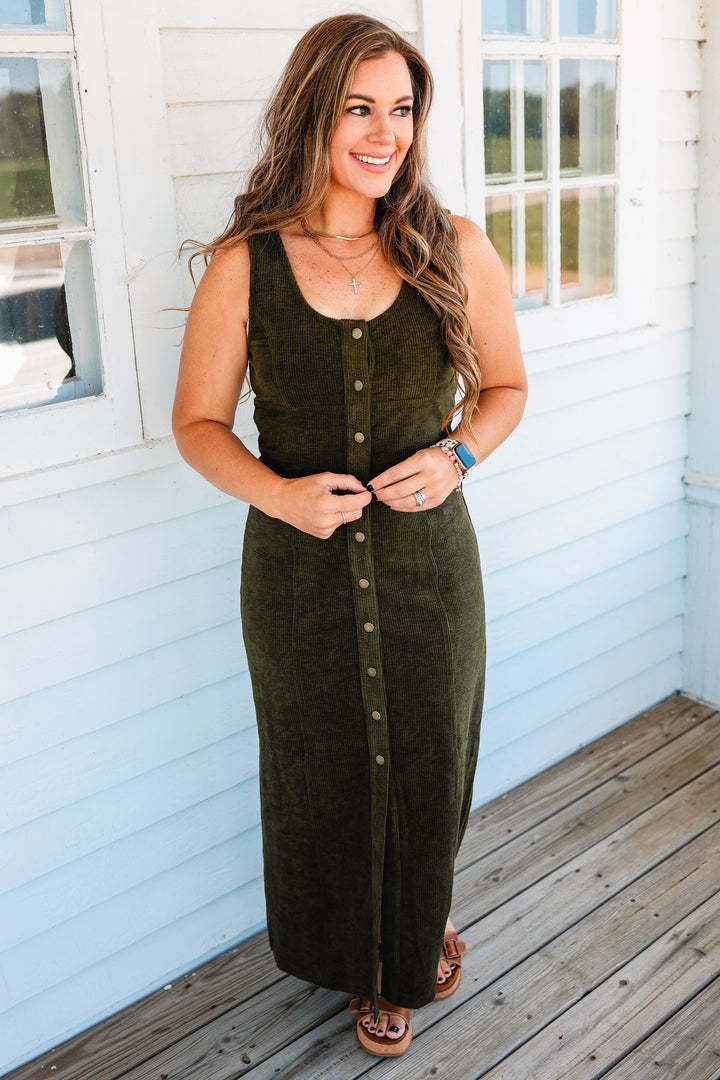 Montana Button Down Corduroy Maxi Dress- Olive