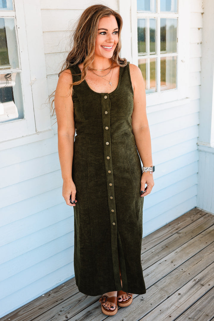 Montana Button Down Corduroy Maxi Dress- Olive