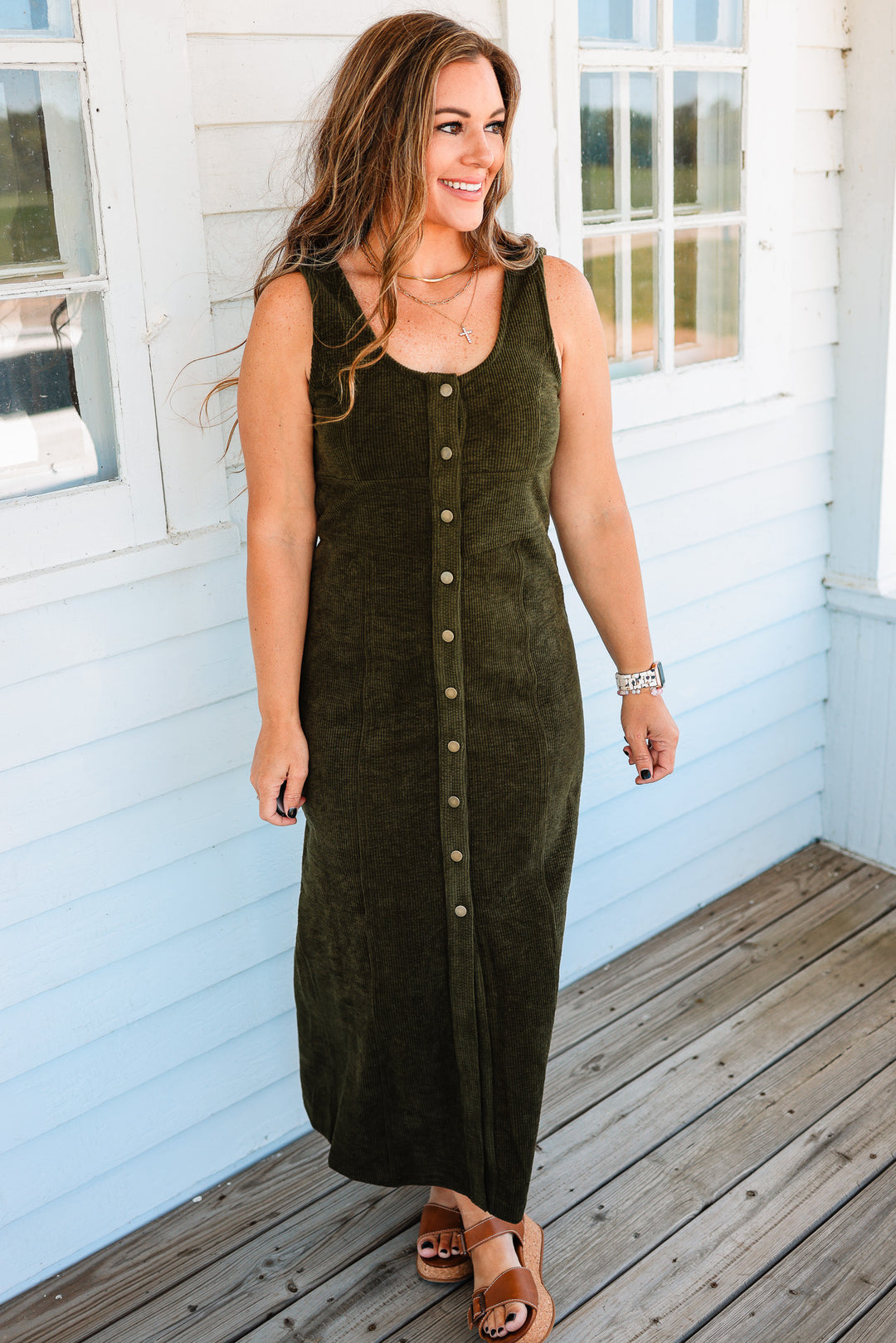 Montana Button Down Corduroy Maxi Dress- Olive