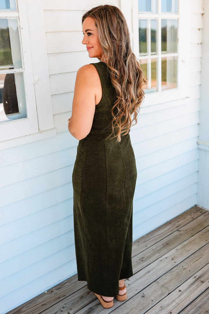 Montana Button Down Corduroy Maxi Dress- Olive