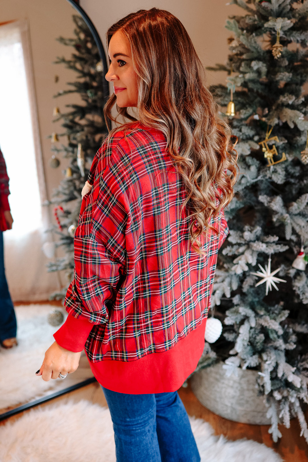 Merry Cut Edge Plaid Sweatshirt - Red