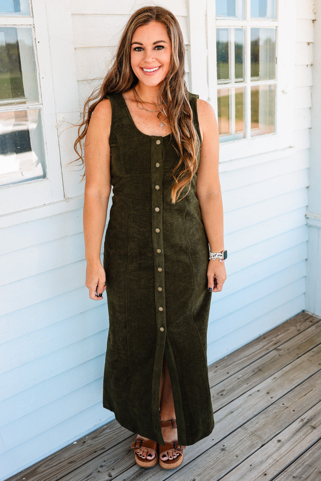 Montana Button Down Corduroy Maxi Dress- Olive