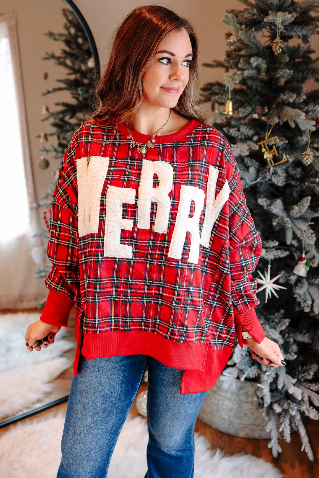 Merry Cut Edge Plaid Sweatshirt - Red