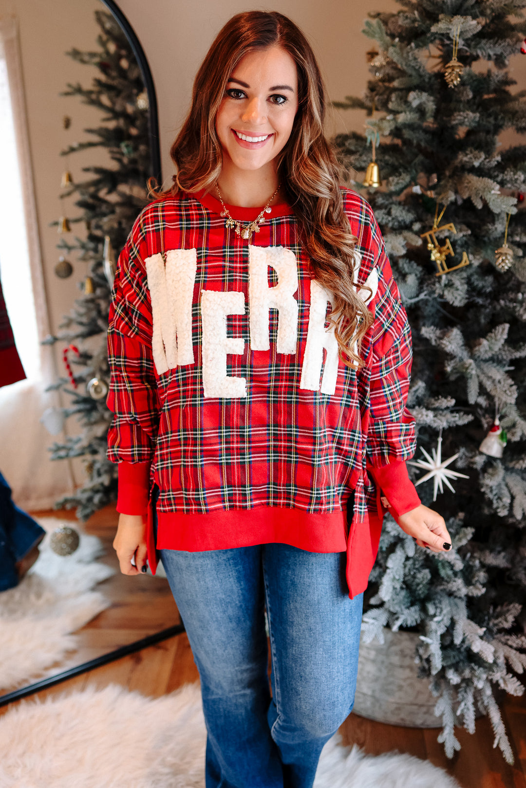 Merry Cut Edge Plaid Sweatshirt - Red