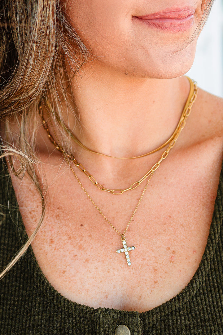 Rhinestone Cross Layered Pendant Necklace