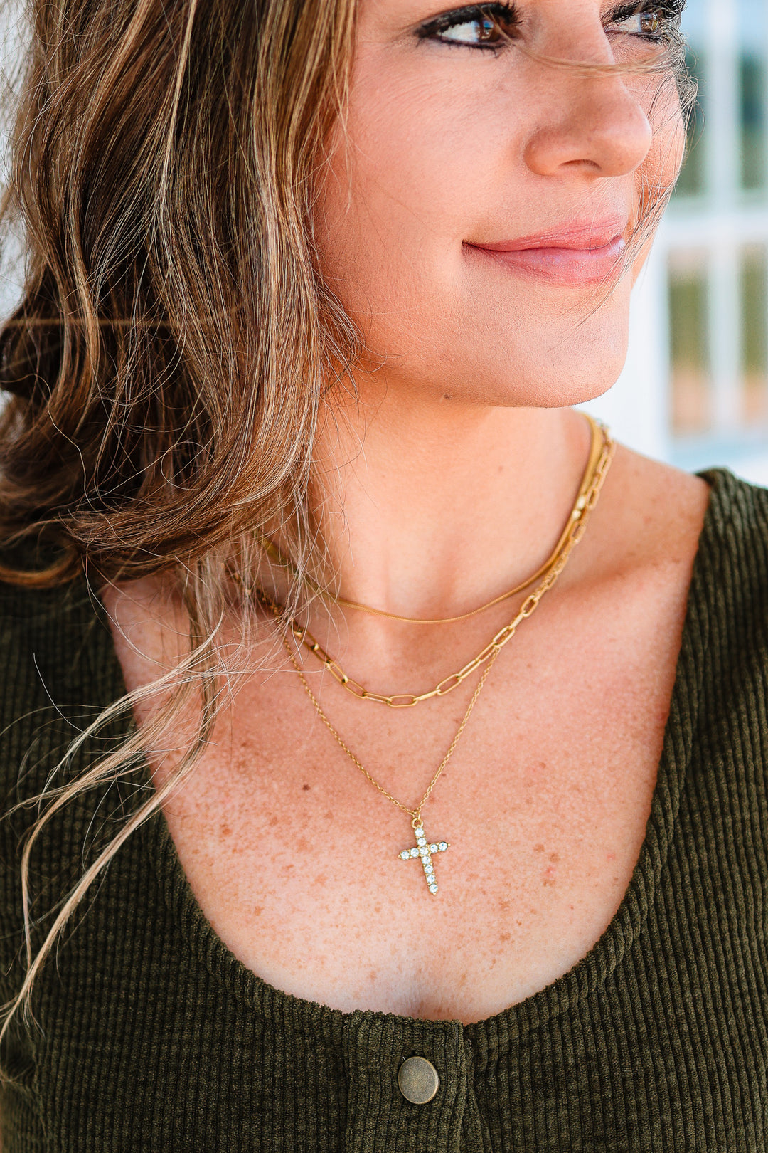 Rhinestone Cross Layered Pendant Necklace
