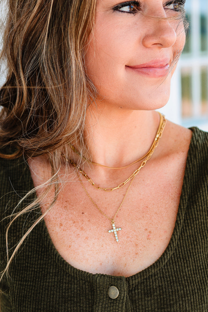 Rhinestone Cross Layered Pendant Necklace