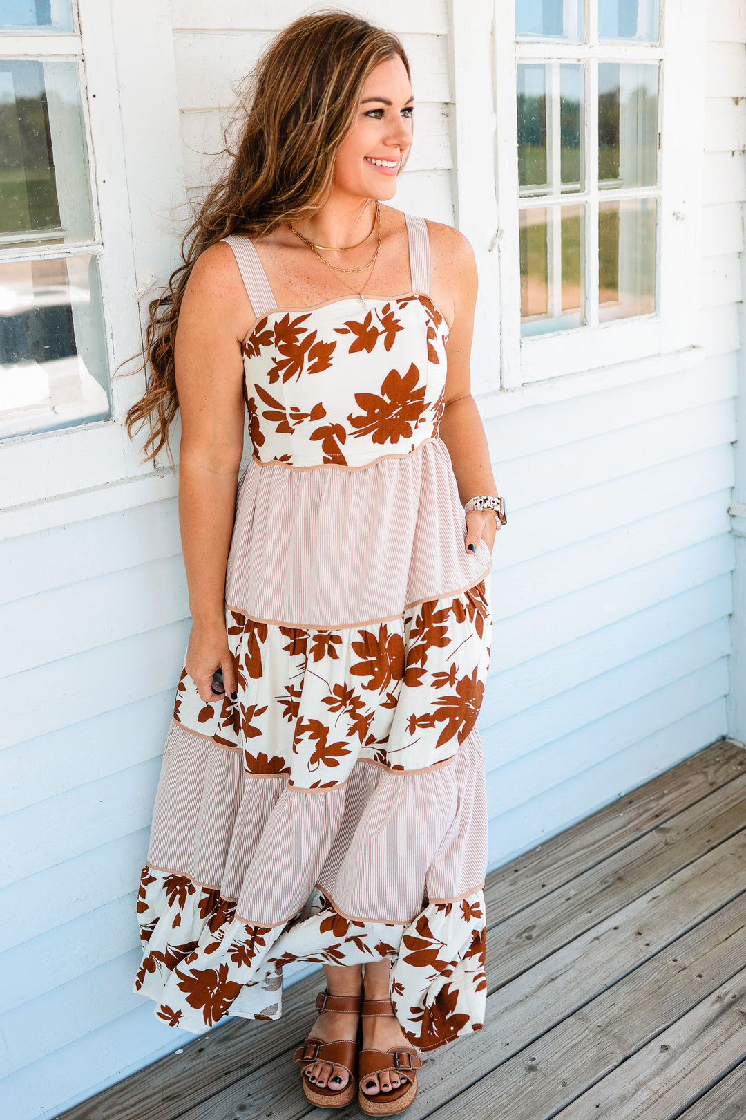 Cameron Tiered Floral Stripes Dress