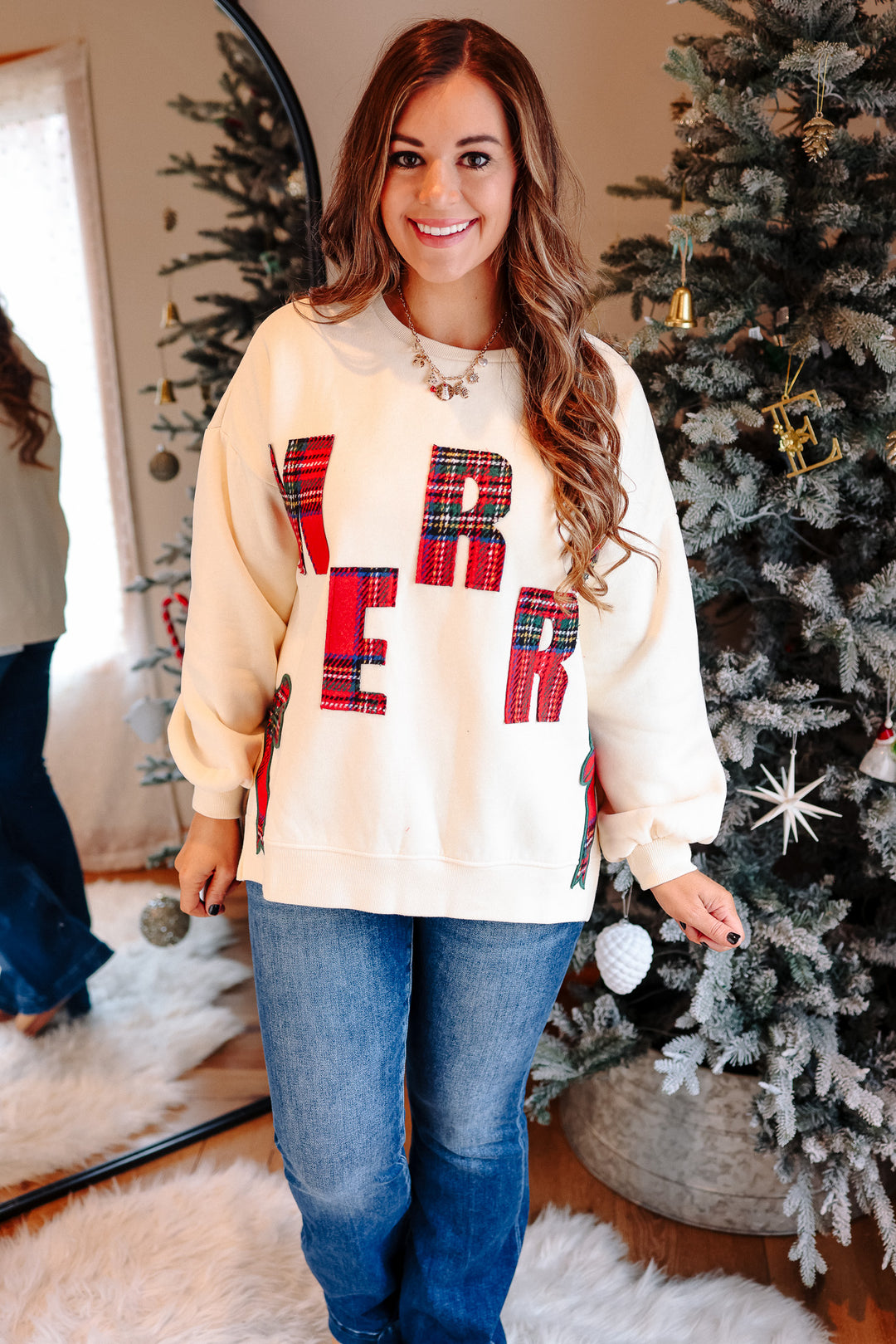 Merry Plaid & Side Bow Sweatshirt - Cream