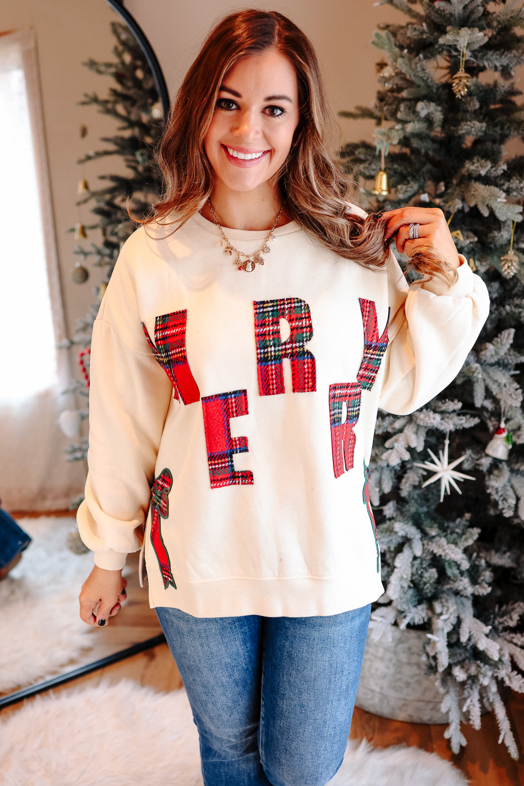 Merry Plaid & Side Bow Sweatshirt - Cream