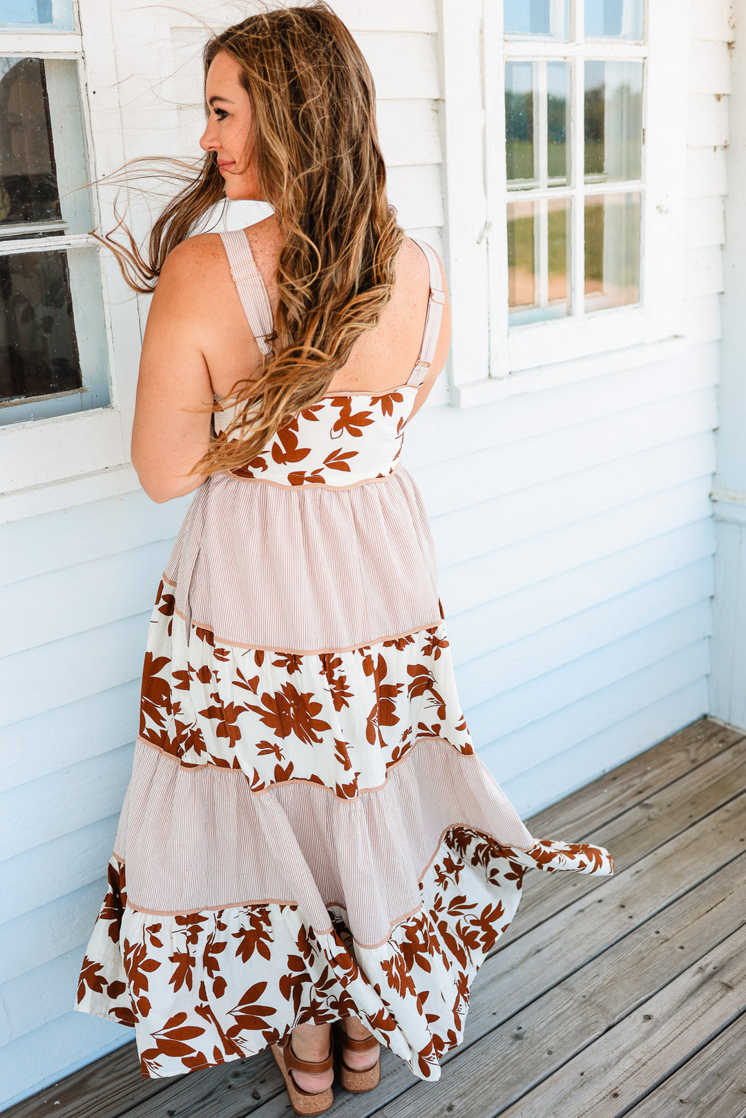 Cameron Tiered Floral Stripes Dress