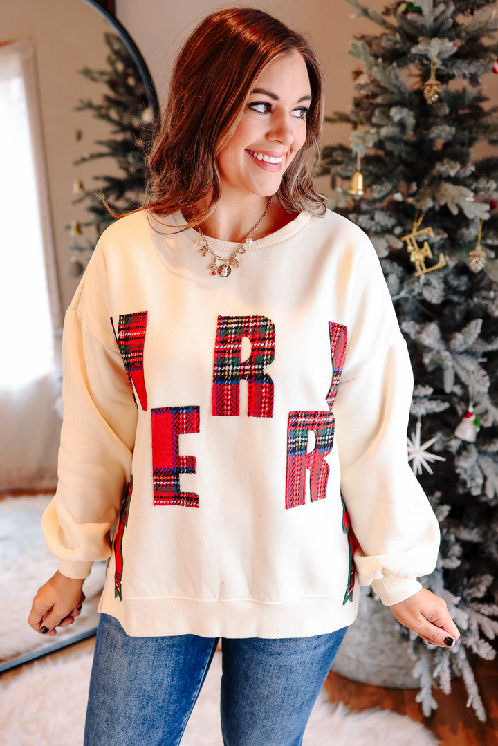 Merry Plaid & Side Bow Sweatshirt - Cream