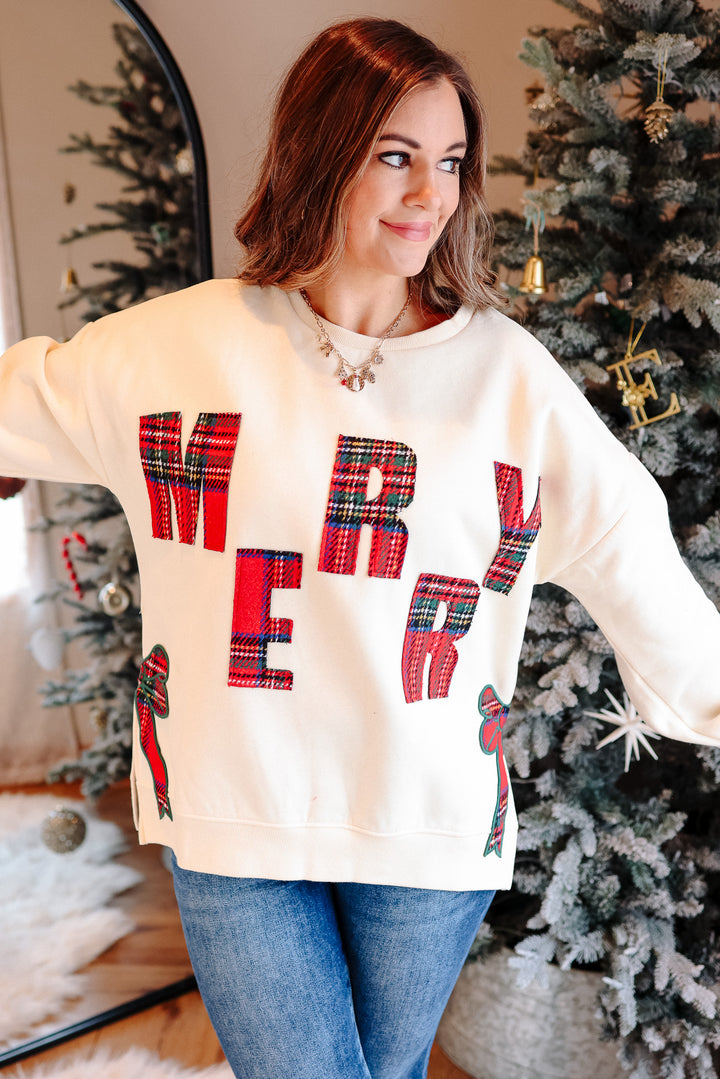 Merry Plaid & Side Bow Sweatshirt - Cream