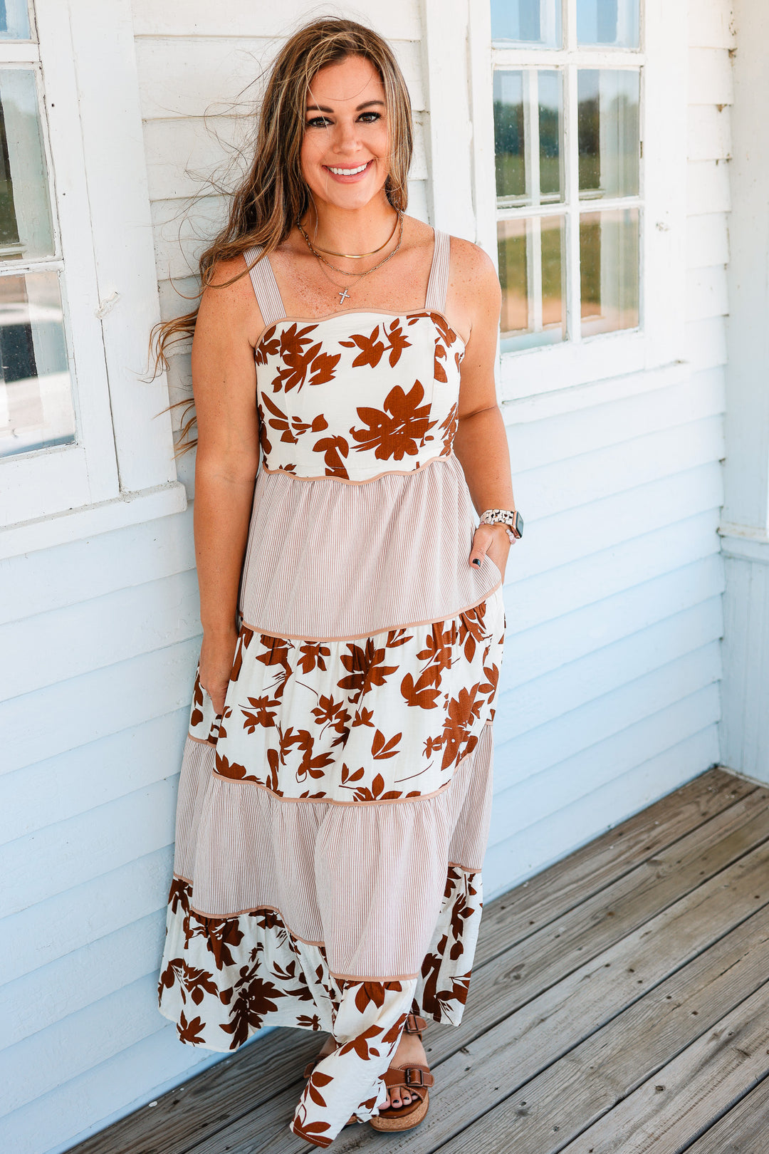 Cameron Tiered Floral Stripes Dress