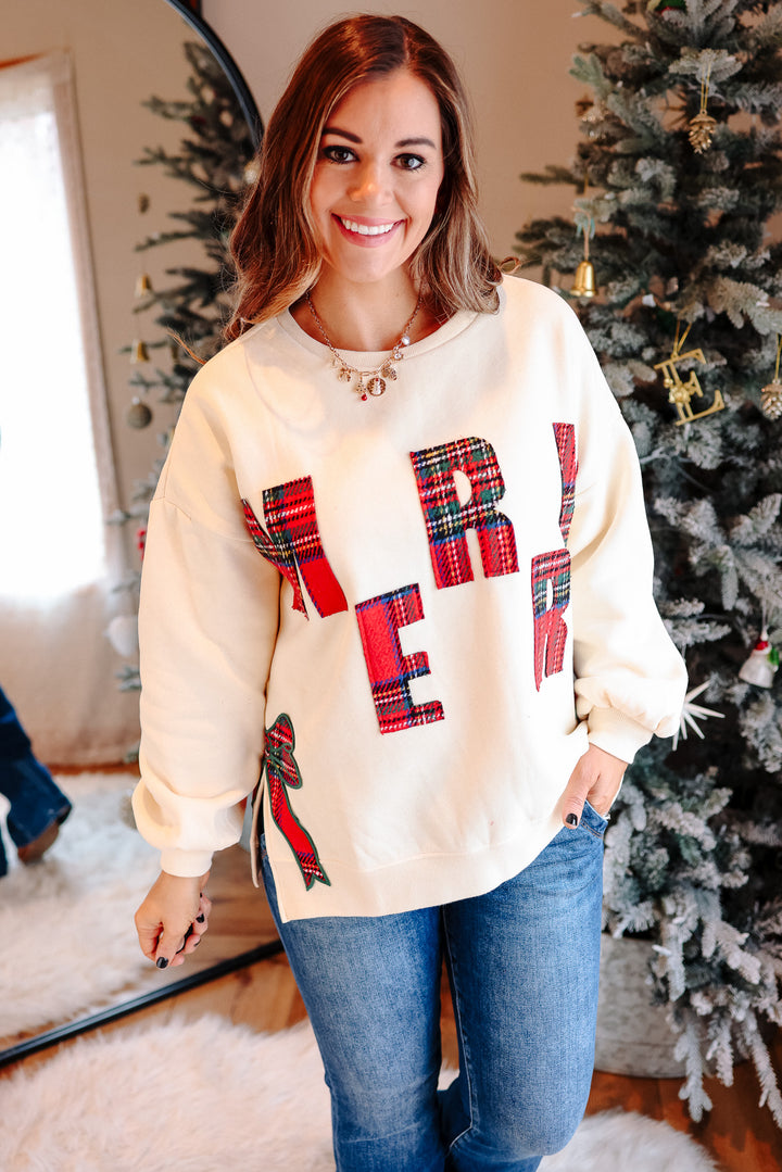 Merry Plaid & Side Bow Sweatshirt - Cream