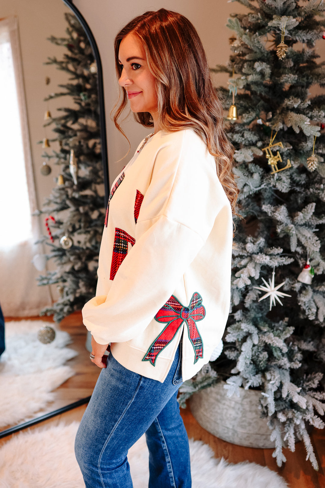 Merry Plaid & Side Bow Sweatshirt - Cream
