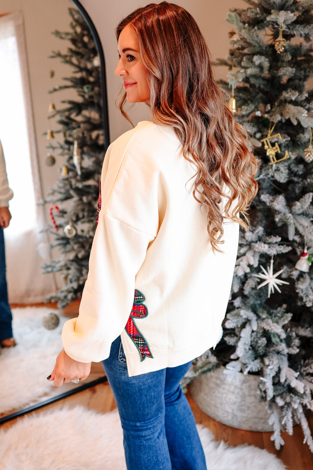 Merry Plaid & Side Bow Sweatshirt - Cream