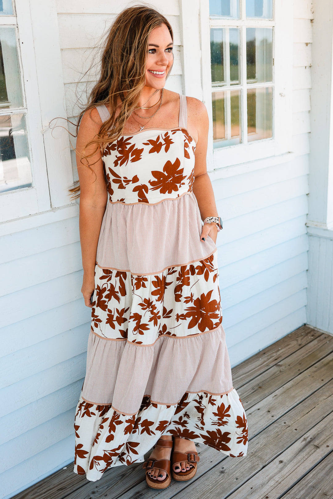 Cameron Tiered Floral Stripes Dress